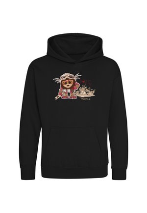 Sort hoodie med en tegneseriefigur, der bærer maske og goggles, holder en stav, med grafik af en tropisk ø og teksten "Moana 2".