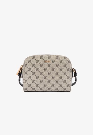 Petit sac bandoulière beige avec motif géométrique noir et marron, fermeture éclair dorée et bandoulière noire réglable.