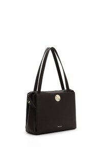 Sac à main en cuir noir avec doubles poignées, forme rectangulaire, fermeture éclair sur le dessus et petit logo doré sur le panneau avant.