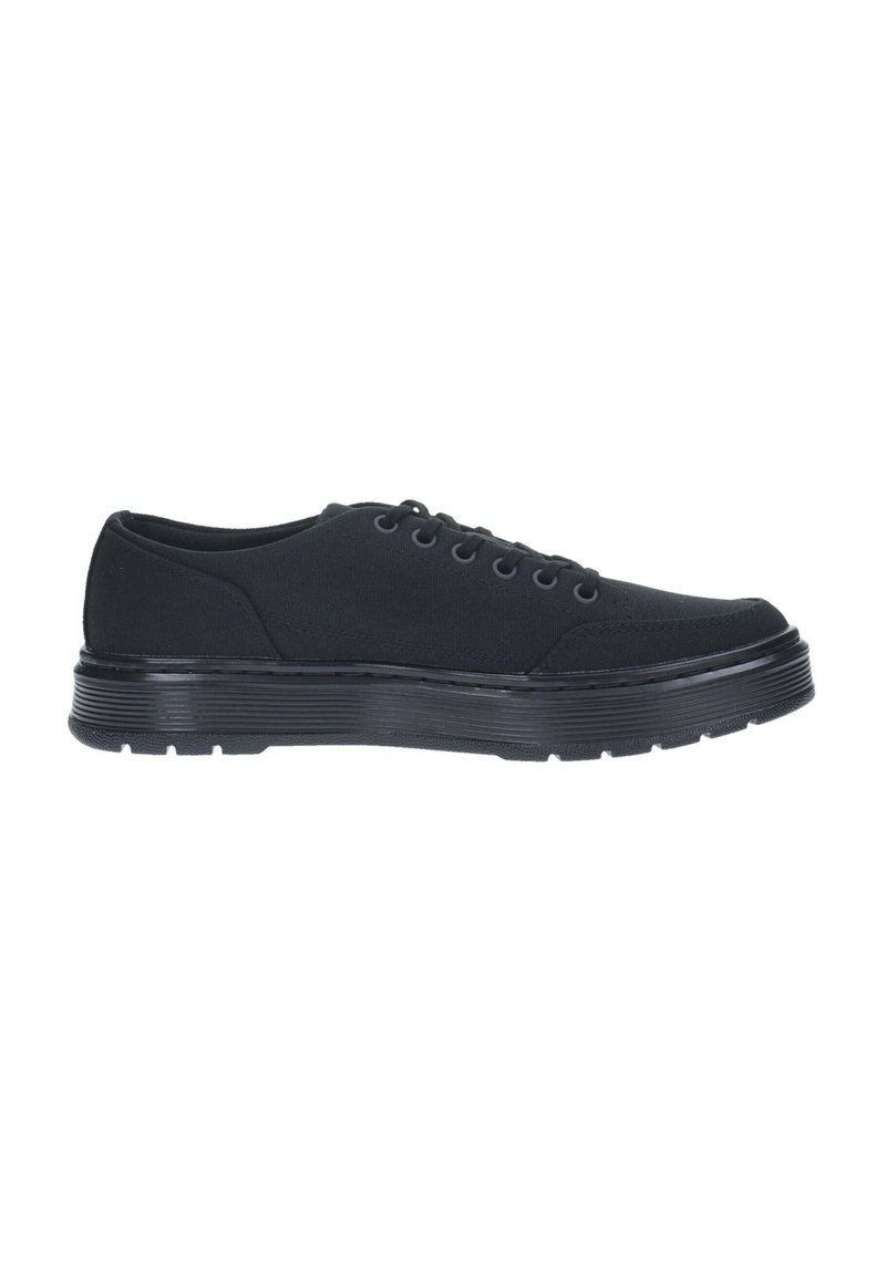Black canvas sneakers with a rounded toe, six eyelets, and a thick textured outsole. Simple design without visible branding or patterns.