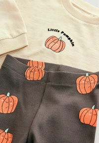Beige sweatshirt met de tekst "Little Pumpkin" en een oranje pompoenafbeelding. Grijze geribde legging met herhaalde oranje pompoenpatronen.