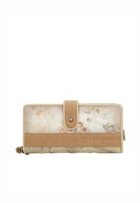 Portafoglio con un design floreale trasparente, dettagli in pelle beige, chiusura a scatto e dettagli in rilievo. Forma rettangolare compatta.