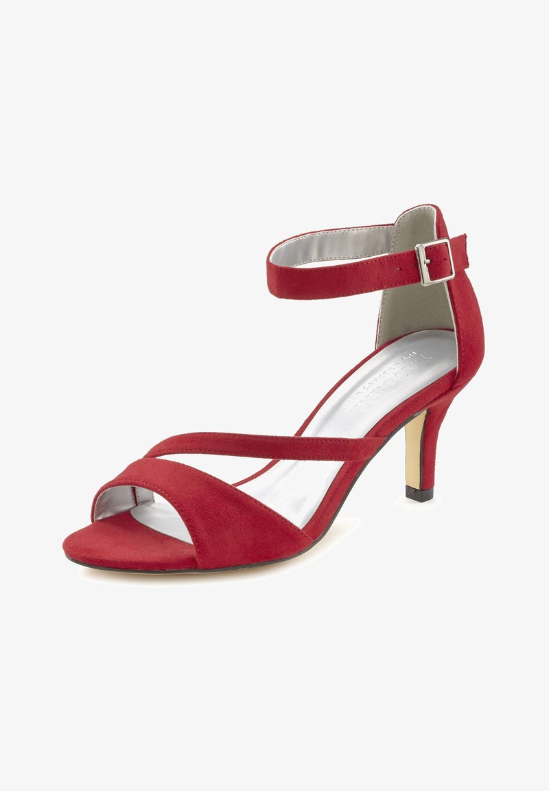 Sandale femme en daim rouge à bout ouvert, talon bas, bride à la cheville et boucle argentée.