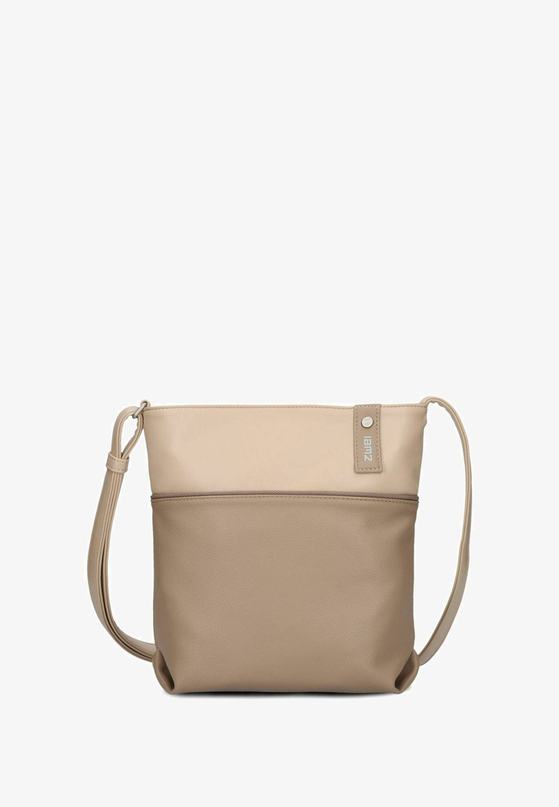 Beige schoudertas met verstelbare riem, tweekleurig ontwerp en een klein merklabel bij de bovenste ritssluiting.