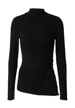 Schwarzes Langarm-Turtleneck-Oberteil aus geripptem Stoff, mit Raffung an der Seite und einer figurbetonten Silhouette.