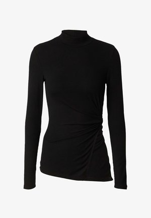 Schwarzes Langarm-Turtleneck-Oberteil aus geripptem Stoff, mit Raffung an der Seite und einer figurbetonten Silhouette.
