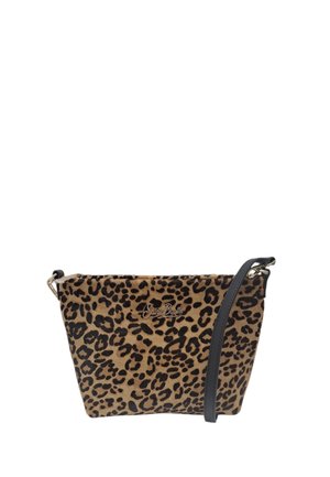 Petit sac bandoulière à imprimé léopard avec une sangle réglable noire et le logo doré « Santa Borbo » à l'avant.
