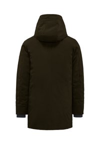 Parka con cappuccio di un verde scuro, con taglio dritto, caratterizzata da una trama liscia, tasche laterali e polsini a coste per calore e comfort.