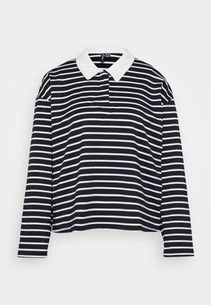 Polo shirt à manches longues noir et blanc à rayures, avec un col blanc et une coupe décontractée, présentant des rayures horizontales et une texture de tissu douce.