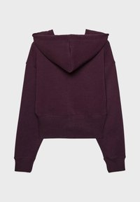 Hoodie corto in viola intenso, dotato di cappuccio, polsi e orlo a coste. Realizzato in morbido tessuto misto cotone con una texture liscia.