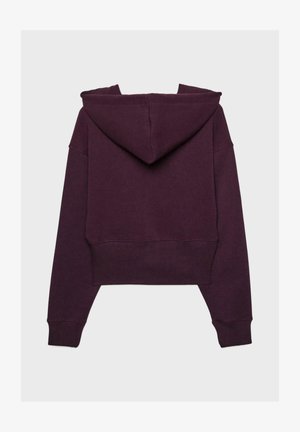 Kurzes Hoodie in tiefem Lila, mit Kapuze, gerippten Bündchen und Saum. Hergestellt aus einem weichen Baumwollmischgewebe mit glatter Textur.