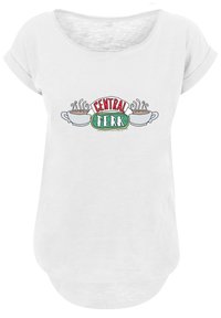 Hvit t-skjorte med rund hals og rullede ermer, med en fargerik "CENTRAL PERK" logo med kaffekopper og dampdesign.