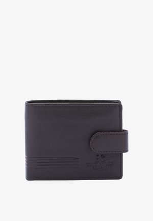 Portafoglio in pelle marrone con una texture liscia, dotato di chiusura a ribaltina, logo impresso e dettagli a righe orizzontali sul davanti.