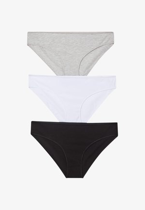 Tre paia di biancheria intima femminile: grigio chiaro melangiato, bianco e nero. Ognuno presenta un taglio classico con cuciture lisce e senza motivi visibili.