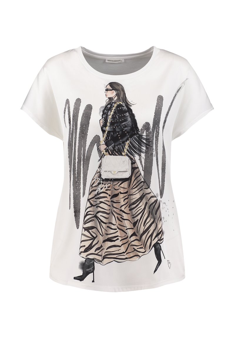 White short-sleeved t-shirt featuring an illustration of a woman in a black fringed jacket and a zebra-patterned skirt.