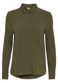 Olivgrön långärmad skjorta med knappstängning framtill, krage, en bröstficka och rak nederkant. Slät tyg med matt finish.