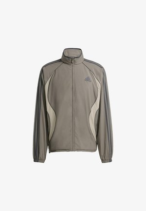 Lichtgrijze sportjack met hoge kraag, rits aan de voorkant en contrasterende donkergrijze strepen. Beschikt over een soepele textuur en sportief ontwerp.