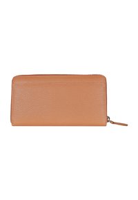 Portafoglio in pelle marrone chiaro con finitura testurizzata, forma rettangolare, chiusura con zip sulla parte superiore e una cerniera discreta.