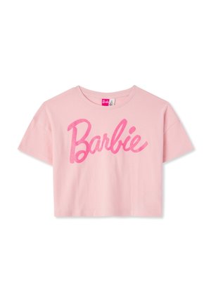 T-shirt corta rosa in cotone con scollo rotondo, con grande scritta "Barbie" scintillante in rosa sul davanti.