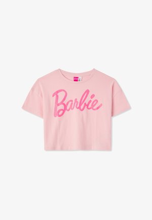 T-shirt corta rosa in cotone con scollo rotondo, con grande scritta "Barbie" scintillante in rosa sul davanti.