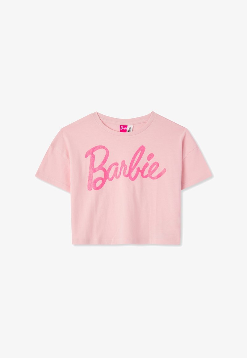 T-shirt corta rosa in cotone con scollo rotondo, con grande scritta "Barbie" scintillante in rosa sul davanti.