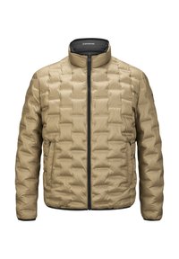 Beige Steppjacke mit gepolstertem Design, hohem Kragen, Reißverschluss und seitlichen Taschen. Leichtes Design mit kontrastierenden schwarzen Akzenten.