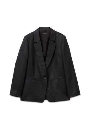 Black single-button blazer with notch lapels and two front pockets, laid flat on a white background.