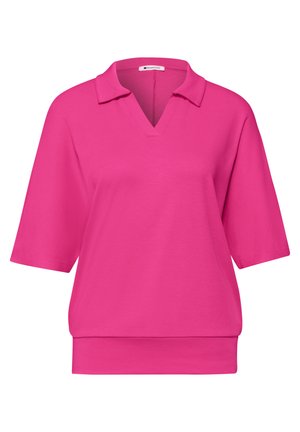 Felroze blouse met korte mouwen, V-hals en losse pasvorm, met een brede zoom aan de onderkant.