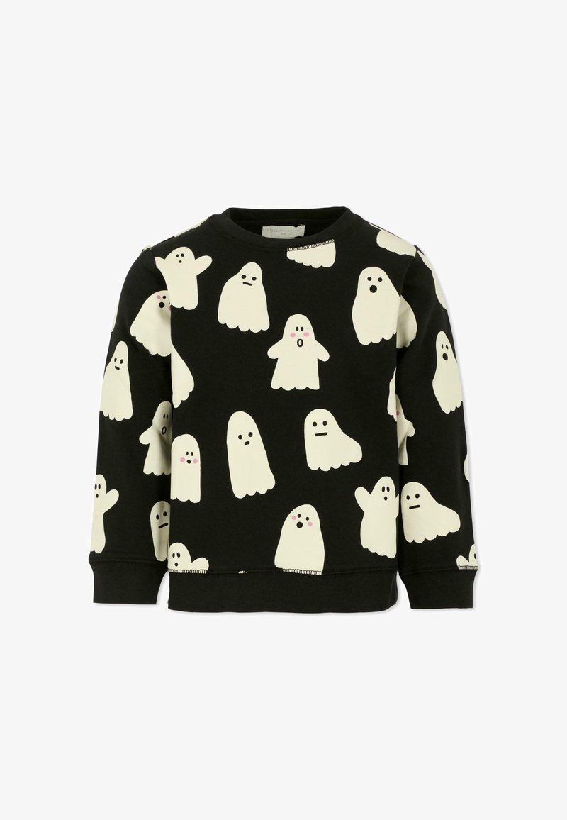Sweat-shirt noir avec des motifs de fantômes blancs affichant diverses expressions. Tissu doux, col rond, manches longues, avec des poignets et un ourlet côtelés.