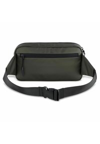 Dunkelgrünes Bauchtasche mit glatter, matter Textur, ausgestattet mit einem Reißverschlussfach und einem verstellbaren schwarzen Gurt mit Schnalle.