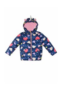 Giacca imbottita blu navy con cuori e stelle multicolori. Presenta un cappuccio foderato di rosa con orecchie da unicorno e una chiusura frontale con zip. Due tasche laterali.