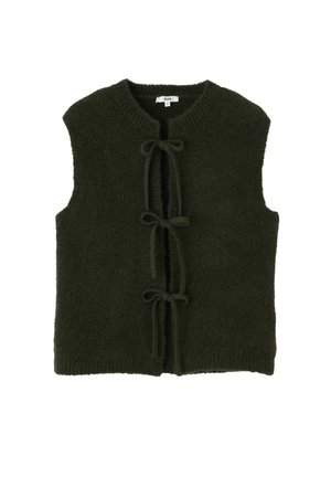 Veste sans manches en tricot vert foncé avec trois fermetures à nouer à l'avant et un col rond.