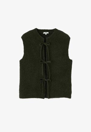 Veste sans manches en tricot vert foncé avec trois fermetures à nouer à l'avant et un col rond.