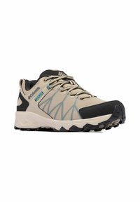 Scarpa da trekking beige con accenti neri e tomaia in rete, dotata di una suola testurizzata con motivi di trazione e dettagli in blu chiaro.