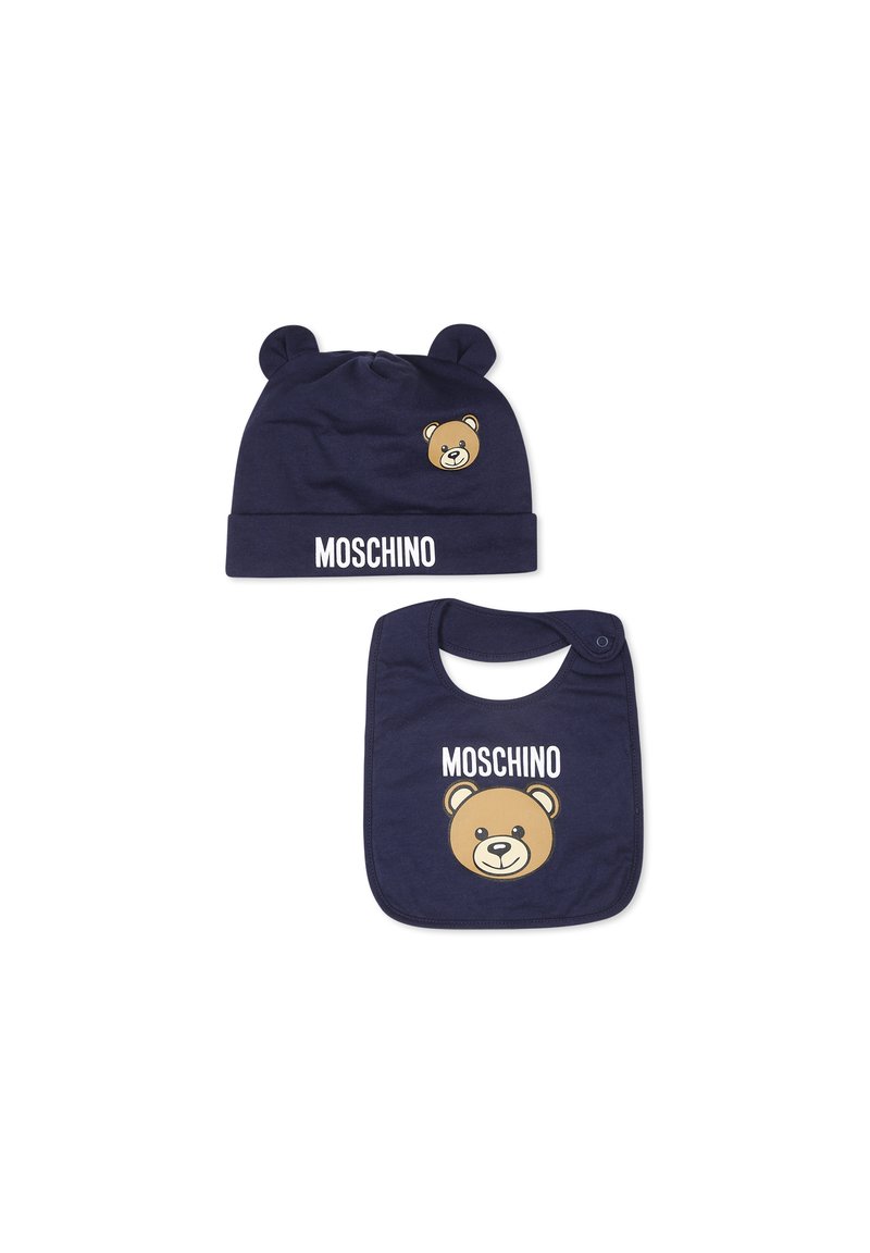 Berretto in cotone blu navy con orecchie da orso e design stampato di faccia di orso; bavaglino coordinato con grafica di orso e logo Moschino.