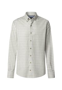 Lange mouw button-up shirt in lichtbeige met een ruitpatroon van donkergroen en bruin. Bevat een kraag en een afgeronde zoom.