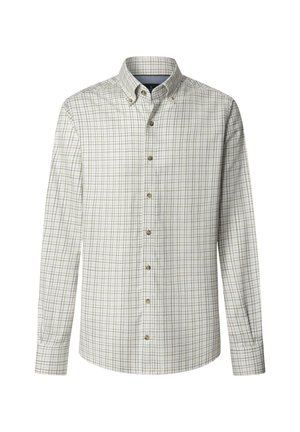 Camisa de botones de manga larga en beige claro con un patrón de cuadrícula en verde oscuro y marrón. Cuenta con un cuello y un dobladillo redondeado.