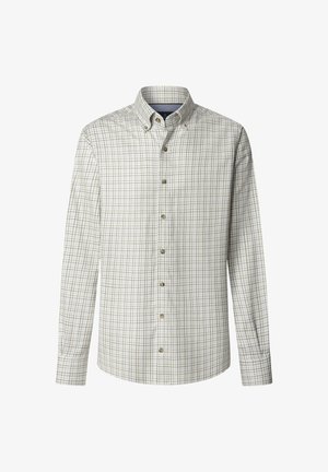Long-sleeve button-up shirt in light beige with a grid pattern of dark green and brown. Features a collar and rounded hem.