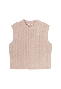 Débardeur en tricot sans manches de couleur rose clair doux, avec un col rond côtelé et une texture en tricot torsadé avec des détails en motif vertical.