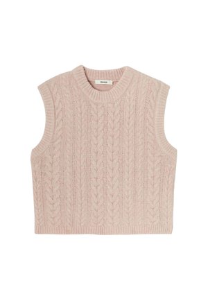 Débardeur en tricot sans manches de couleur rose clair doux, avec un col rond côtelé et une texture en tricot torsadé avec des détails en motif vertical.