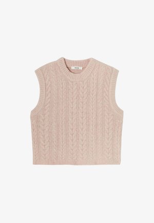 Débardeur en tricot sans manches de couleur rose clair doux, avec un col rond côtelé et une texture en tricot torsadé avec des détails en motif vertical.