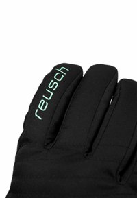 Schwarze Handschuhe mit gepolstertem Design und einem hellgrünen "reusch"-Logo am Handgelenk. Strukturierter Stoff mit ausgeprägten Fingerabschnitten.