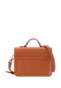 Sac à main en cuir marron avec un design structuré, une poignée supérieure et une bandoulière réglable. Comprend une poche avant avec des détails de couture.