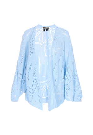 Lyseblå åbenstrikket cardigan med løs pasform, der har et blondermønster og vide ærmer. Fremstillet af blødt, åndbart garn.