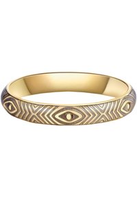 Zelta tonis bangle aproce ar strukturētu rakstu, ģeometriskiem motīviem un acīm, izceļot kontrastējošas apdares un detaļas.