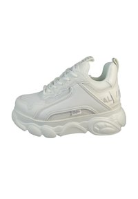 White sneaker with a smooth leather upper, mesh accents, padded collar, thick sole, and textured detailing on the sides and heel.