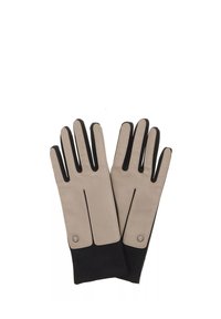 Lederhandschuhe mit einer beigen Vorderseite und schwarzen Strickbündchen. Zu den Merkmalen gehören Fingeröffnungen, kontrastierende Nähte und metallische Akzente am Handgelenk.