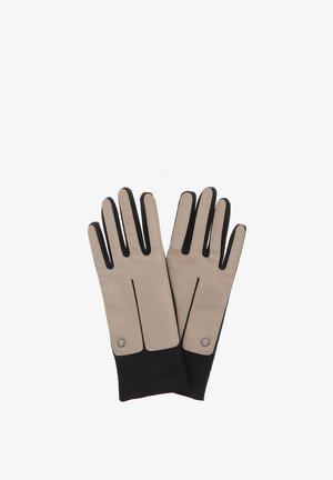 Leather gloves with a beige front and black knit cuffs. Features include finger slots, contrasting stitching, and metallic accents at the wrist.