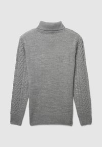Szary sweter z wysokim prążkowanym kołnierzem, z rękawami o plecionym wzorze i gładkim korpusem. Miękka, ciepła dzianina. Widok z tyłu.