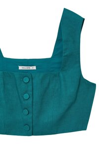 Top corto color teal con scollatura ampia, bottoni frontali e tessuto strutturato. Presenta linee pulite e una silhouette quadrata.